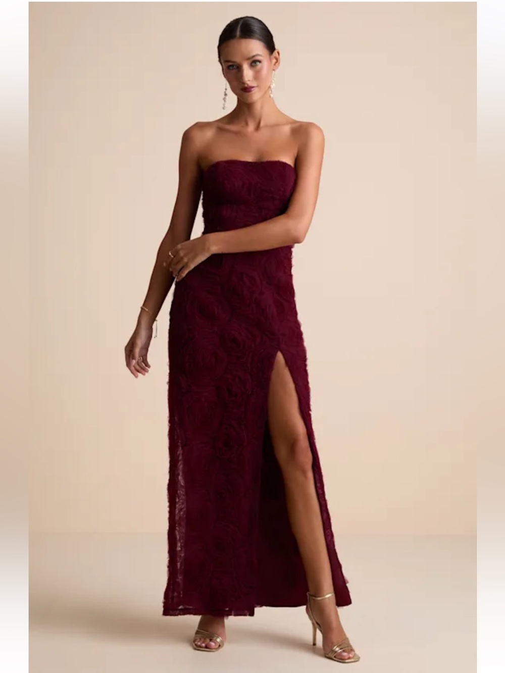 Lulu’s Amalia Burgundy Textured Strapless Maxi Dress